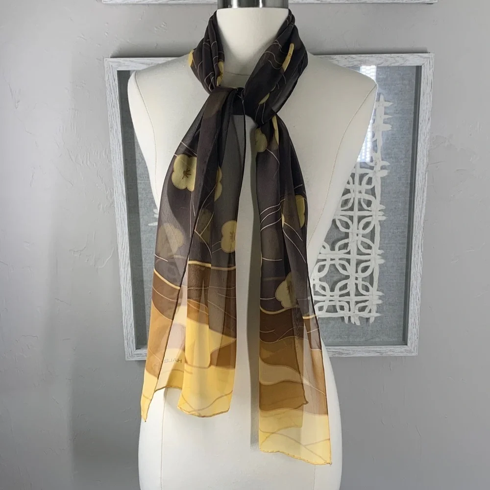 Halston brown and yellow buttercup silk scarf